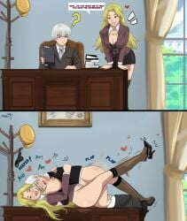 <3 1boy 1girls ? ahe_gao areolae big_breasts blonde_hair blue_eyes breasts clothed_sex dialogue dr.stone english_text female green_eyes hanada_nikki heels hi_res karbuitt long_hair male nipples office office_lady on_table penetration saionji_ukyo sex sex_on_table speech_bubble vaginal_penetration white_hair