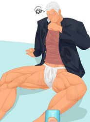 1boy bara blush male male_only muscle muscles school_uniform solo student sweat takejirog underwear undressing wet