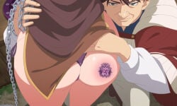 1boy 1girls ass brown_hair chained chains clothing copyright_request dat_ass green_eyes hips large_ass panties screencap slave stitched tattoo thighs wide_hips