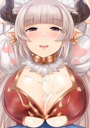 alicia_(granblue_fantasy) blush breasts cleavage cross cross_earrings cum cum_on_body cum_on_breasts cum_on_upper_body earrings female granblue_fantasy horns huge_breasts jewelry long_hair looking_at_viewer pointy_ears schizanthus_(artist) silver_hair smile