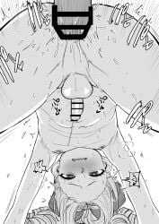 2boys absurdres anal bar_censor blush censored commentary_request cross-shaped_pupils dankonji_mimi_(kaiman_garupan) doggystyle foreskin greyscale hair_ribbon highres kaiman_garupan long_hair male_focus male_penetrated monochrome multiple_boys nipples original penis penis_size_difference perineum precum precum_string ribbon sex sex_from_behind small_penis star-shaped_pupils star_(symbol) sweat symbol-shaped_pupils testicles trap twitching white_background yaoi