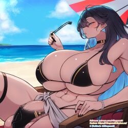 1futa abs beach bikini black_hair blue_eyes blue_hair blush bracelet breasts bulge cloud cloudy_sky erection erection_under_clothes futanari huge_breasts jewelry large_penis long_hair muscular ocean penis rikuguma sand sitting sky sunglasses swimsuit testicles thick_thighs thighs umbrella valentina_(nuclear-il2)