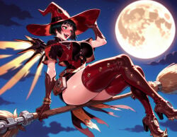 1girl 1girls ai_generated balecxi black_hair blush book boots breasts broom broom_riding brown_gloves clothing cloud curvaceous curvaceous_female curvaceous_figure curvy curvy_figure female female_focus flying full_moon gloves glowing_wings guilty_gear guilty_gear_strive guilty_gear_xrd halloween halloween_costume hand_on_headwear hat headwear high_heel_boots high_heels i-no jack-o'-lantern jewelry large_breasts lipstick makeup mechanical_wings mercy mercy_(cosplay) mole mole_above_mouth moon night night_sky official_alternate_costume open_mouth outdoors red_footwear red_headwear red_lips short_hair short_sleeves sidesaddle sky smile solo thick_thighs thigh_boots thighhighs thighs voluptuous voluptuous_female wings witch witch_hat