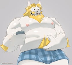anthro asgore_dreemurr asgore_dreemurr_(deltarune) bear_(body_type) beard blonde blonde_hair blonde_male body_hair boxers boxers_(clothing) boxers_only deltarune dilf facial_hair furry goat goat_horns horn horns long_ears looking_down male muscular muscular_male nipples undertale undertale_(series) underwear underwear_only utdr_(toby_fox) white_body white_fur