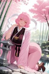 1girl ai_generated bangs blush breasts cherry_blossoms day hi_res high_quality high_resolution japanese_clothes jigokuraku katana kimono kiraamane large_breasts looking_at_viewer patreon pink_hair pink_kimono seductive sexy smile solo sword tao_fa tree uncensored watermark weapon wide_sleeves yellow_eyes