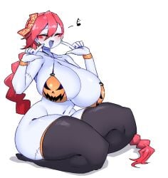 1girl big_breasts bikini blushing female_focus female_only halloween happy jiangshi jiangshi_(mannungei) mannungei musical_note pumpkin_bikini pumpkin_boobs red_hair revealing_clothes sitting stitches thick_thighs