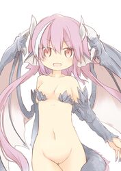 blush bottomless breasts collarbone cowboy_shot cute_fang dragon_girl female head_fins horns long_hair looking_at_viewer monster_girl multicolored_hair navel naya open_mouth pink_hair pussy short_hair_with_long_locks simple_background small_breasts smile solo tail uncensored white_background wings