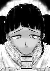 1boy 1girl :>= absurdres bar_censor blunt_bangs censored commentary_request dark_skin desscaras dress earrings fellatio furrowed_brow greyscale hetero highres jewelry kaiman_garupan madan_no_ichi monochrome oral penis pov saliva saliva_trail twintails upper_body