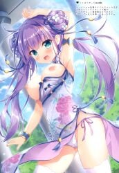 1girl ameto_yuki armpits blush breasts breasts_out china_dress chinese_clothes cleavage dress exposed_breasts hair_ornament hair_ribbon highres large_breasts long_hair looking_at_viewer melonbooks nipples open_clothes original purple_hair side-tie_panties thighhighs tied_hair twin_buns twintails