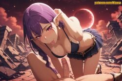 1boy 1girl adjusting_hair after_fellatio ai_generated all_fours bare_shoulders bikini bikini_skirt black_bikini blush braid braided_ponytail breasts cleavage cloud collarbone ear_piercing earrings elf erection esil_radiru facial_mark full_moon hetero jewelry large_breasts long_hair looking_at_viewer lying miniskirt moon navel nivora outdoors penis piercing pointy_ears pov pov_crotch purple_hair red_eyes red_moon ruins saliva saliva_trail sandals single_braid skirt sky solo_focus solo_leveling sunset swimsuit tongue tongue_out uncensored veins veiny_penis