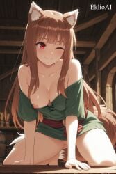 ai-created ai_art ai_assisted ai_generated ass big_thighs breasts breasts_out curvy curvy_body curvy_female curvy_figure curvy_hips eklioai exposed_breasts exposed_nipples holo medium_breasts red_eyes spice_and_wolf wolf_ears wolf_girl wolf_tail
