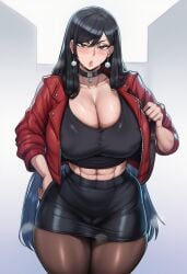 1girls abs ai_generated big_breasts black_eyes black_hair clothed clothing color female female_focus female_only gwen_(trogiai) hi_res huge_breasts large_breasts light_skin long_hair massive_breasts nipple_bulge solo solo_female standing tagme thick_thighs