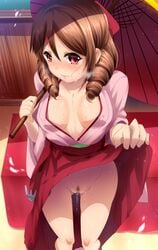 1girls blush breasts brown_hair collarbone covered_nipples drill_hair erect_nipples female hair hakama harukaze_(kantai_collection) highres kantai_collection kimono_lift large_breasts long_sleeves looking_at_viewer no_panties oriental_umbrella pubic_hair pussy_juice red_eyes solo sweat umakatsuhai umbrella wide_sleeves