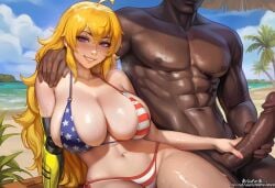 1boy 1girl 1girls ahoge ai_generated alternate_breast_size american_flag_bikini beach bikini blonde_hair blush breasts cheating cleavage cuckold curvy curvy_female curvy_figure dark-skinned_male dark_skin day erect_penis female female_focus flag_print handjob heart hetero huge_breasts huge_cock interracial large_breasts large_penis long_hair looking_at_viewer male massive_breasts muscular muscular_male navel netoare ntr nude outdoors patreon_username penis prosthesis prosthetic_arm purple_eyes rwby shiny_skin single_mechanical_arm sitting sky smile solo_focus sulfur666 sweat sweaty swimsuit testicles uncensored very_dark_skin yang_xiao_long