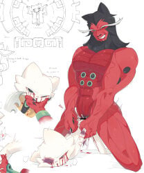 abdominal_bulge anthro arm_grab armor armwear black_hair blood bodily_fluids bruised bruised_eye clothing cum cum_inside dominant duo erection erection_under_clothing felid feline forced fur genital_fluids gore hair hi_res jiequan_(nine_sols) knife_play larger_dom male male/male mammal muscular muscular_male nine_sols nosebleed nude penetration pubes questionable_consent rape red_body red_candle_games red_fur saline2 sex size_difference smaller_penetrated solarian suspension sweat sweatdrop tears torture torture_device whip_mark white_body white_fur yi_(nine_sols)
