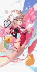 1girls beach beach_ball big_breasts brown_hair goggles green_eyes heart huge_breasts megaphone oc original_character red_swimsuit swim_ring thighs twintails water watermelon