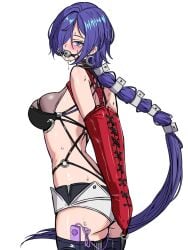 1girl absurdres armbinder arms_behind_back ball_gag bdsm blush bondage bound bound_arms breasts cowboy_shot drooling gag gagged hair_ornament hair_over_one_eye highres long_hair promeia_(zenless_zone_zero) purple_eyes purple_hair remote_control_vibrator restrained saliva sex_toy shibari solo standing sweat thighhighs very_long_hair vibrator vibrator_cord vibrator_in_thighhighs vibrator_under_clothes white_background yuy zenless_zone_zero