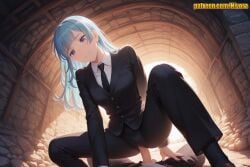 1boy 1girl ai_generated arm_support backlighting black_jacket black_necktie black_pants black_socks black_suit blue_eyes blue_hair blush breasts clothed_sex collared_shirt cowgirl_position dress_shirt formal girl_on_top hetero indoors jacket jujutsu_kaisen kasumi_miwa light_blue_hair long_hair long_sleeves looking_at_viewer miwa_kasumi mosaic_censoring necktie nivora pant_suit pants parted_lips penis pov sex shirt sitting smile socks solo_focus squatting squatting_cowgirl_position straddling straight_hair suit uncensored vaginal white_shirt wing_collar