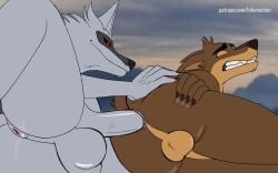 anal animated anus balls bikomation black_sclera brown_body brown_furry death_(puss_in_boots) duo furry gay gay_anal gay_sex gif grey_body grey_fur male/male mr._wolf_(the_bad_guys) penetration penis red_eyes wolf yellow_sclera