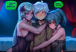 1boy 2d 2girls ai_assisted ai_generated aisouls babydoll bell_cranel black_lingerie blush bra breasts caption closed_eyes comic curtains dialogue dungeon_ni_deai_wo_motomeru_no_wa_machigatteiru_darou_ka english english_text erect_nipples female ffm_threesome freya_(danmachi) gray_hair hair_ornament horn_(danmachi) hug indoors large_breasts lingerie long_hair male night nightgown nipples patreon_logo patreon_username see-through see-through_clothes see-through_clothing see-through_dress self_upload short_hair syr_flover text threesome underwear white_hair window