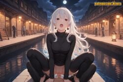 1boy 1girl ahoge ai_generated black_eyes black_pants black_shirt black_sweater black_thighhighs blush bottomless breasts brown_eyes building clothed_female_nude_male clothed_sex cowgirl_position cum cum_in_pussy cum_overflow earrings echidna_(re:zero) full_moon girl_on_top hair_between_eyes hetero jewelry lamppost lantern long_hair long_sleeves looking_at_viewer medium_breasts moon mosaic_censoring multiple_girls night night_sky nivora nude open_mouth outdoors pants patreon penis pov public_indecency pussy re:zero_kara_hajimeru_isekai_seikatsu sex shirt siblings sky solo_focus spread_legs squatting squatting_cowgirl_position straddling sweater taut_shirt thighhighs turtleneck turtleneck_sweater uncensored upper_teeth_only vaginal water white_hair