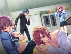 1boy 4girls angry areolae blush bra breasts breasts_out brown_eyes brown_hair circle_hitori clothing drooling empty_eyes femsub green_eyes mind_control multiple_girls multiple_subs nipples open_mouth panties purple_hair school_uniform skirt small_breasts soushinjutsu_3 standing teacher