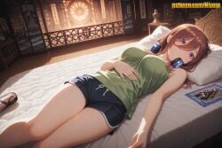 1girl after_sex ai_generated bare_arms bare_legs bare_shoulders bed bed_sheet bedroom black_shorts blue_eyes blush book bookshelf breasts brown_hair camisole closed_mouth cum cum_on_body dolphin_shorts drawstring dutch_angle go-toubun_no_hanayome green_shirt green_tank_top hair_between_eyes hand_on_own_stomach head_on_pillow headphones headphones_around_neck indoors large_breasts long_hair looking_at_viewer lying medium_breasts miku_nakano nakano_miku nivora on_back on_bed pillow sandals shirt short_shorts shorts sleeveless slippers solo tank_top thighs wooden_floor