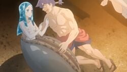 1boy 1girls 2020 20s 2girls abs age_difference animated animated_gif aqua_eyes aqua_hair blunt_ends blush breasts brown_eyes clam_girl clam_shell collarbone colored_eyelashes female fish_girl hamaguri_(shikkoku_no_shaga) hand_on_another's_chest hands_around_waist heian hikimayu husband_and_wife interspecies japanese_clothes kimono long_hair looking_at_another manji_(shikkoku_no_shaga) monster_girl multiple_girls muscular muscular_male night nipples older_male_and_younger_female outdoors pale_skin parted_bangs pectorals purple_hair rubbing sandals shell shikkoku_no_shaga shikkoku_no_shaga_the_animation size_difference small_breasts smile tagme tall_male