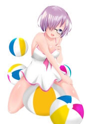 1girl ass_press ball_(object) beach_ball big_breasts busty camisole fate/grand_order fate_(series) glasses hair_over_one_eye inflatable mash_kyrielight on_ball open_mouth pool_toy purple_eyes purple_hair servant_(fate) short_hair simple_background sitting sitting_on_ball sitting_on_beach_ball smile squish squishing straddling summer thick_thighs white_background white_camisole