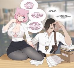 1boy 1girls anger_vein big_breasts black_hair blue_eyes blurry_background blush bra closed_eyes dialogue english_text female generation_1_pokemon humanized humanized_pokemon legendary_pokemon light_skin luxurias male mew nintendo office_lady on_table one_eye_closed open_shirt pantyhose pink_hair pokemon pokemon_(species) shirt skirt sleeves_rolled_up speech_bubble thick_thighs vanessa_(luxuriass) very_high_resolution