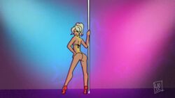 alexia animated ass big_ass bikini blonde_hair breasts cameltoe dark-skinned_female dark_skin female female_only hand_on_hip high_heels human large_breasts latenightsexycomics long_hair looking_at_viewer ponytail signature solo stripper stripper_pole tied_hair