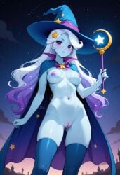 1girls ai_generated breasts cape equestria_girls holding_wand looking_at_viewer my_little_pony nude open_mouth purple_eyes pussy thighhighs trixie_lulamoon white_hair witch_hat