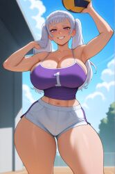 1girls ai_generated armpits arms_up athletic athletic_female bangs big_breasts black_clover booty_shorts breasts curvy curvy_female curvy_figure female female_only huge_breasts large_breasts legs looking_at_viewer noelle_silva pigtails purple_eyes shorts silver_hair slim_waist solo solo_female sports_bra sportswear stuffyai tank_top thick thick_legs thick_thighs tits volleyball volleyball_uniform
