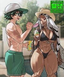 1boy 1boy1girl 1girl1boy 1girls abs biceps big_breasts black_bikini deku green_shorts hat huge_thighs miruko muscular muscular_female muscular_legs muscular_male muscular_thighs my_hero_academia net no_shirt shosho_oekaki thick_thighs