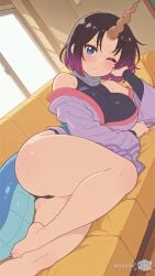 ai_assisted ai_generated bare_legs barefoot big_breasts black_hair blue_eyes blush breasts curvy curvy_body curvy_female dragon_girl dragon_maid dragon_tail elma_(dragon_maid) feet female female_focus female_only horn huge_breasts kobayashi-san_chi_no_maidragon large_breasts legs_together long_tail looking_at_viewer lying lying_on_side moonwool_branch on_side one_eye_closed pose posing purple_hair seductive seductive_eyes seductive_look seductive_mouth seductive_pose short_hair single_horn slit_pupils solo solo_female solo_focus tail thick_ass thick_thighs thighs uncensored