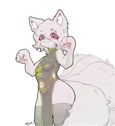 dress fluffy_tail furry multiple_tails paws purple_eyes slit_dress tvar