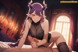 1boy 1girl ai_generated all_fours bare_arms bare_shoulders bed bedroom black_thighhighs blush bottomless braid braided_ponytail breasts burning candle candlelight candlestand cleavage closed_mouth clothed_female_nude_male cowgirl_position curtains demon_girl demon_horns earrings erection esil_radiru facial_mark fang fang_out fire girl_on_top handjob hetero horns imminent_penetration indoors jewelry large_breasts long_hair looking_at_viewer medium_breasts nipples nivora nude on_bed penis penis_grab pointy_ears pov purple_hair red_eyes see-through single_braid sleeveless slit_pupils smile solo_focus solo_leveling straddling thighhighs uncensored very_long_hair virtual_youtuber window