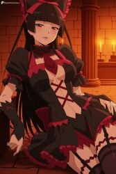 1girl ai_generated black_dress black_hair black_thighhighs blunt_bangs blush breasts candle digitalwaifugallery dress frilled_sleeves frills garter_straps gate_-_jieitai_ka_no_chi_nite_kaku_tatakaeri gothic_lolita hair_ribbon hand_on_own_hip hi_res high_quality high_resolution hime_cut lipstick lolita_fashion long_hair looking_at_viewer makeup medium_breasts navel necktie patreon patreon_logo patreon_username puffy_short_sleeves puffy_sleeves purple_lips red_eyes ribbon rory_mercury seductive sexy short_sleeves solo thighhighs uncensored watermark web_address