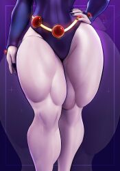 hand_on_hip huge_thighs lower_body muscular muscular_female purple_background raven_(dc) sala3d sala3dart simple_background thick_thighs