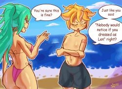 2girls aqua_hair ass beach belly belly_button big_ass bikini bikini_bottom bikini_top black_swimwear blonde_hair blush blush_lines blushing breasts closed_eyes clothed clothing collarbone crossdressing crossed_arms dark_star_odyssey detailed_background dialogue english english_text exhibitionism exhibitionist female female_only flat_chest flat_chested from_behind from_front hatsune_miku kagamine_rin light-skinned_female light_skin long_hair looking_at_another male_swimwear male_swimwear_challenge medium_breasts multiple_girls nipples number_tattoo open_eyes open_mouth outdoors outside pink_bikini ponytail public public_exposure public_nudity red_tattoo seaside short_hair shorts_only sky speech_bubble standing swimwear talking talking_to_another tattoo tattooed_arm text text_bubble topless twintails upper_body vocaloid watermark white_outline
