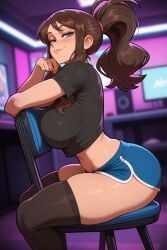1girls ai_generated ass big_breasts blue_eyes blush booty booty_shorts breasts brown_hair crop_top female female_only hilda_(pokemon) legs legwear light-skinned_female light_skin long_hair looking_at_viewer minishorts pokemon ponytail seductive seductive_look sitting solo solo_female thick thick_thighs thighhighs thighs waifuinvoker