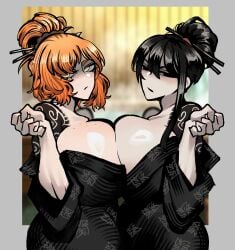 2girls black_hair blush breast_press breast_squeeze breasts breasts_bigger_than_head breasts_squeezed_together eclipseecliptus female_focus female_only freckles hair_bun huge_breasts ishmael_(limbus_company) kemono kurokumo_clan_(identity)_(project_moon) library_of_ruina limbus_company matching_outfit no_bra orange_hair project_moon sayo_(library_of_ruina) shiny_skin skimpy_clothes symmetrical_docking