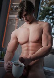 1boy 3d 3d_(artwork) big_penis blonde-haired_female blonde_hair coffee coffee_cup cum cum_in_coffee cum_in_cup cum_on_coffee cumshot cup food_fetish kitchen leon_scott_kennedy male male_only masturbating masturbation muscles muscular muscular_male nsfw resident_evil tagme tagme_(artist) twitter_link