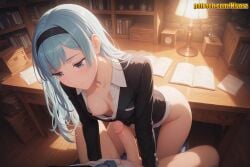 1boy 1girl ai_generated bent_over black_hairband black_jacket blazer blue_eyes blue_hair blue_necktie blunt_bangs blush book book_stack bookshelf bottomless breasts closed_mouth clothes_pull collarbone collared_shirt desk desk_lamp downblouse dress_shirt erection futanari hairband hetero imminent_fellatio indoors jacket jujutsu_kaisen kasumi_miwa lamp leaning_forward library light_blue_hair long_hair long_sleeves looking_at_penis looking_down medium_breasts miwa_kasumi naked_shirt necktie nipple_slip nipples nivora no_bra open_book open_clothes partially_unbuttoned penis pov shirt small_breasts solo_focus uncensored white_shirt wooden_floor