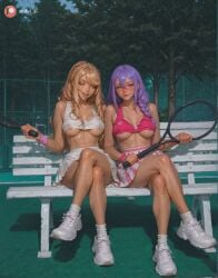 2girls ai_generated aisinful ass big_ass big_boobs big_butt blonde_hair blush braid breasts butt crossed_legs female fence gyaru hi_res isekai_de_cheat_skill_wo_te_ni_shita_ore_wa_genjitsu_sekai_wo_mo_musou_suru large_breasts lexia_von_alceria long_hair loose_socks luna_(iseleve) medium_breasts multiple_girls purple_hair racket sitting skirt socks tennis_ball tennis_racket tennis_uniform thick_thighs underboob white_footwear wide_hips