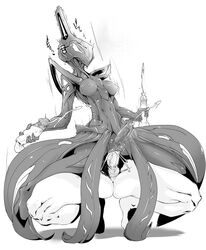 3boys bodysuit breasts censored cum equinox_(warframe) female full-package_futanari futa futanari handjob intersex male_on_futa mosaic_censoring nipples penetration pochincoff pussy selfcest straight testicles vaginal_penetration warframe