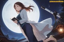 1girl ai_generated architecture blue_pants blue_shirt blue_sweater book breasts brown_eyes brown_hair coat crescent_moon dutch_angle floating_hair full_moon high_heels holding holding_book ieiri_shoko jujutsu_kaisen lab_coat large_breasts long_hair long_sleeves medium_breasts moon night night_sky nivora open_book open_clothes open_coat outdoors pants parted_lips planet rooftop scenery shirt shoko_ieiri shooting_star sky slippers solo standing standing_on_one_leg star_(sky) starry_sky sweater telescope tree turtleneck turtleneck_sweater white_coat