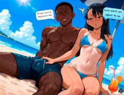 1boy 1girls ai_generated bikini bulge dark-skinned_male hayase_nagatoro interracial lustalch please_don't_bully_me,_nagatoro sitting text