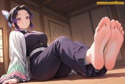 1girl ai_generated barefoot belt black_hair black_pants blush breasts butterfly_hair_ornament butterfly_print crossed_ankles demon_slayer demon_slayer_uniform feet foot_focus forehead foreshortening full_body gradient_hair grin hair_ornament haori indoors japanese_clothes kimetsu_no_yaiba kochou_shinobu large_breasts long_sleeves looking_at_viewer multicolored_hair nivora pants parted_bangs purple_eyes purple_hair shinobu_kocho short_hair sidelocks sitting smile soles solo teeth toes two-tone_hair white_belt wide_sleeves