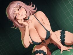 1girls ai_generated bangs big_breasts blush bra breasts choker collar danganronpa danganronpa_2:_goodbye_despair female heels high_heels huge_breasts light-skinned_female lingerie looking_at_viewer nail_polish nanami_chiaki pink_eyes pink_hair pink_nails seductive seductive_eyes seductive_look short_hair squatting underwear waifuinvoker